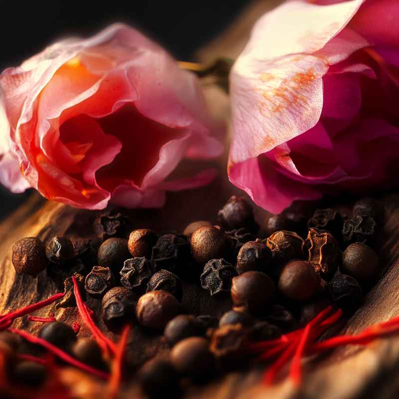 Rose with Black pepper and Saffron on wood