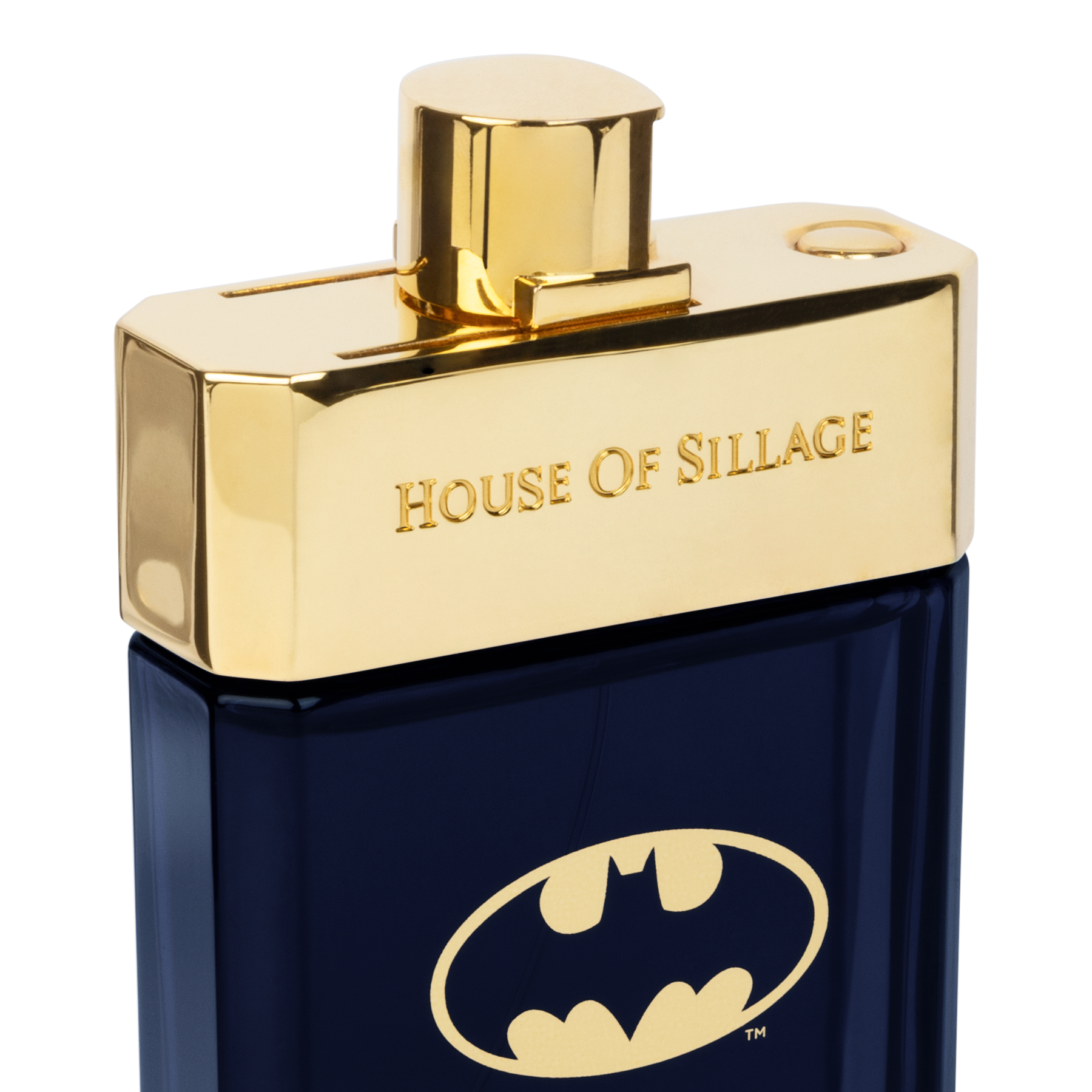 Luxury Men’s Fragrance in a sleek dark bottle, crowned with a golden cap, featuring the iconic Batman emblem on the front