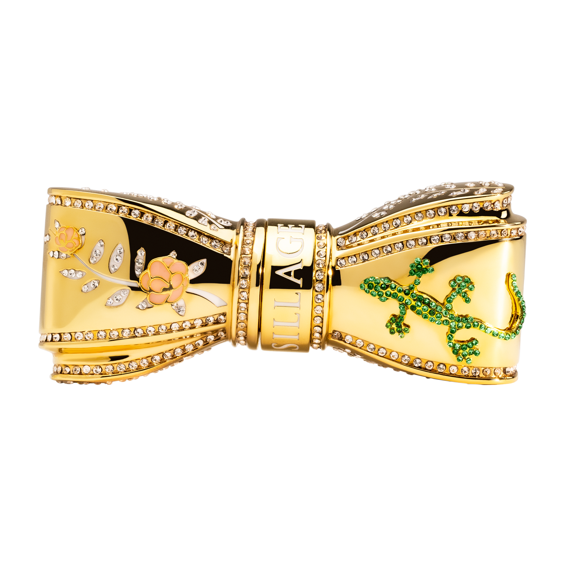 A gold bow lipstick case adorned with pink floral and gecko accents, encrusted with hand-placed Swarovski crystals.