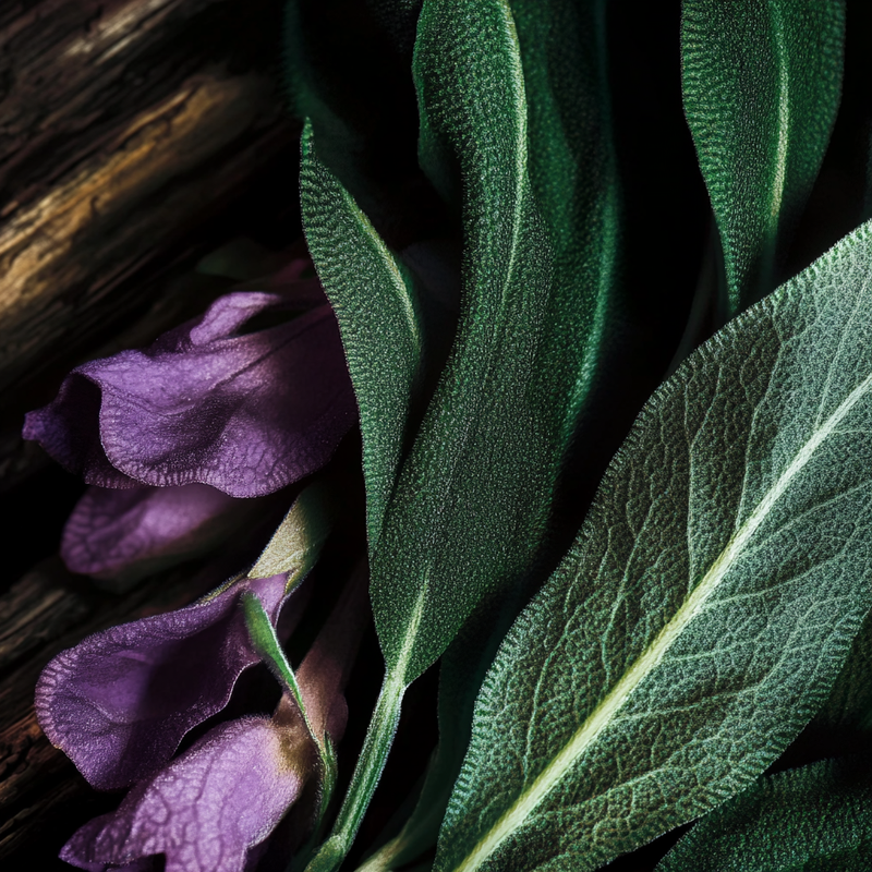 Sage and purple flower on wood