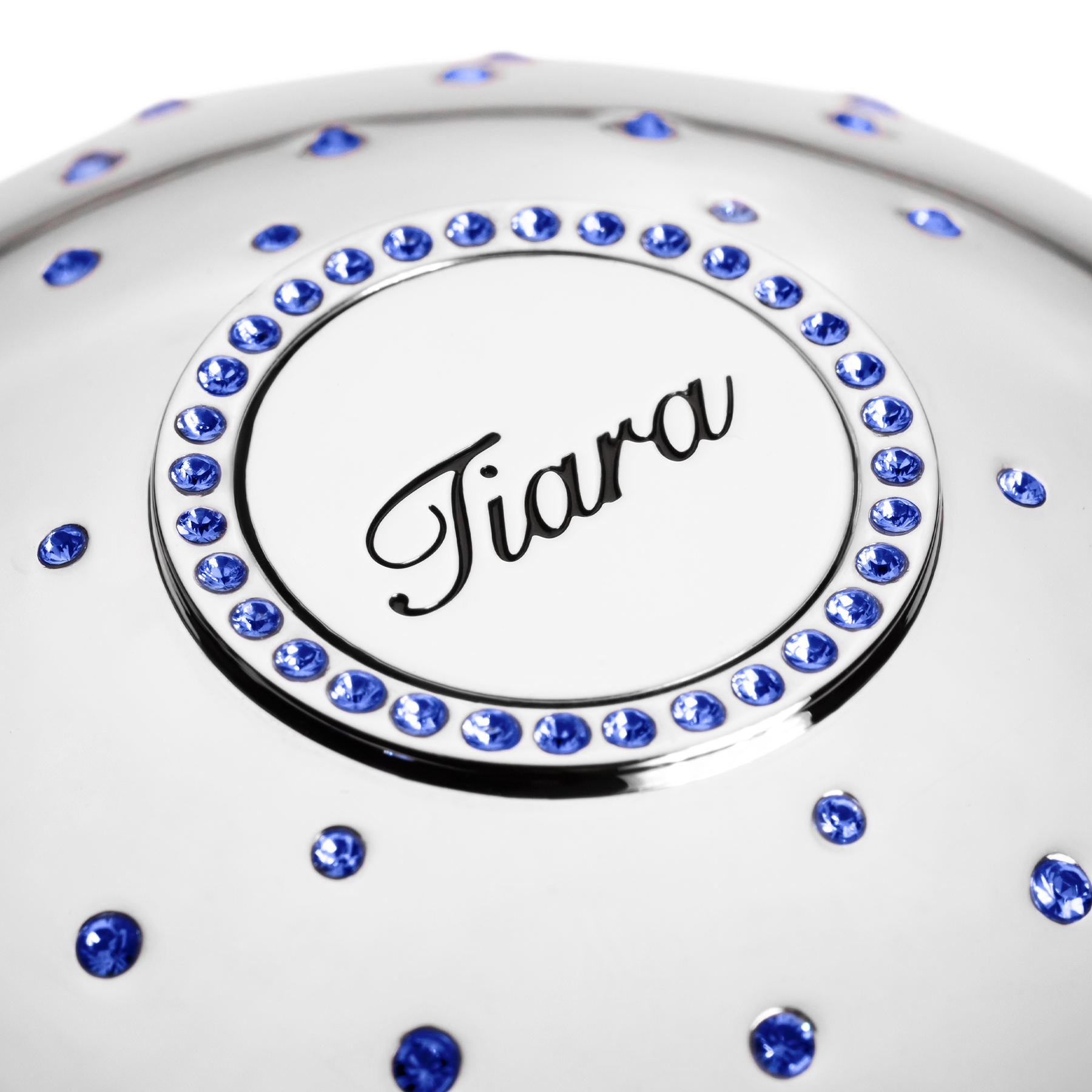 Silver  plated fragrance cup with blue Swarovski crystal on top and name of the luxury parfume Tiara