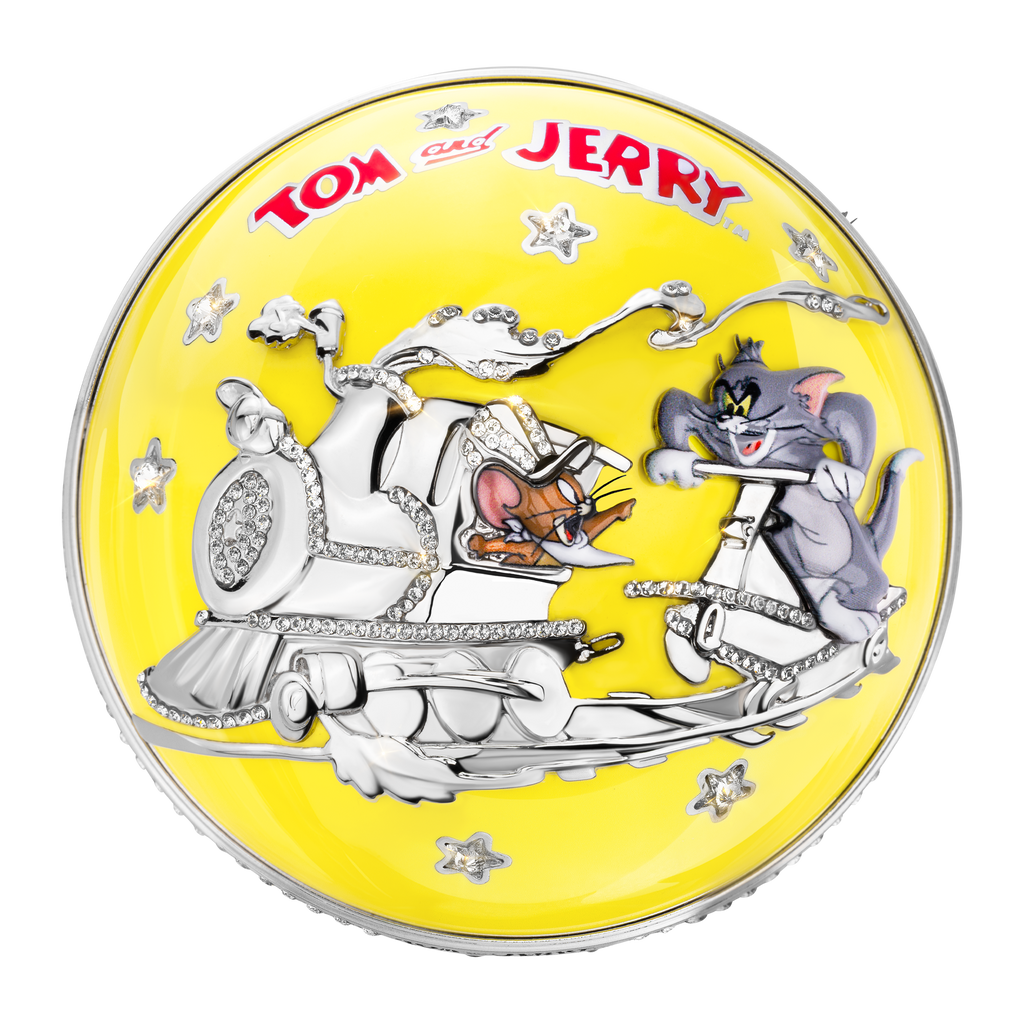 Cup of luxury fragrance  featuring Tom and Jerry characters on a yellow background