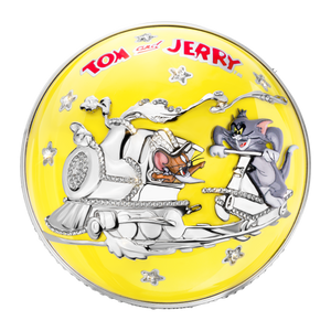 Cup of luxury fragrance  featuring Tom and Jerry characters on a yellow background