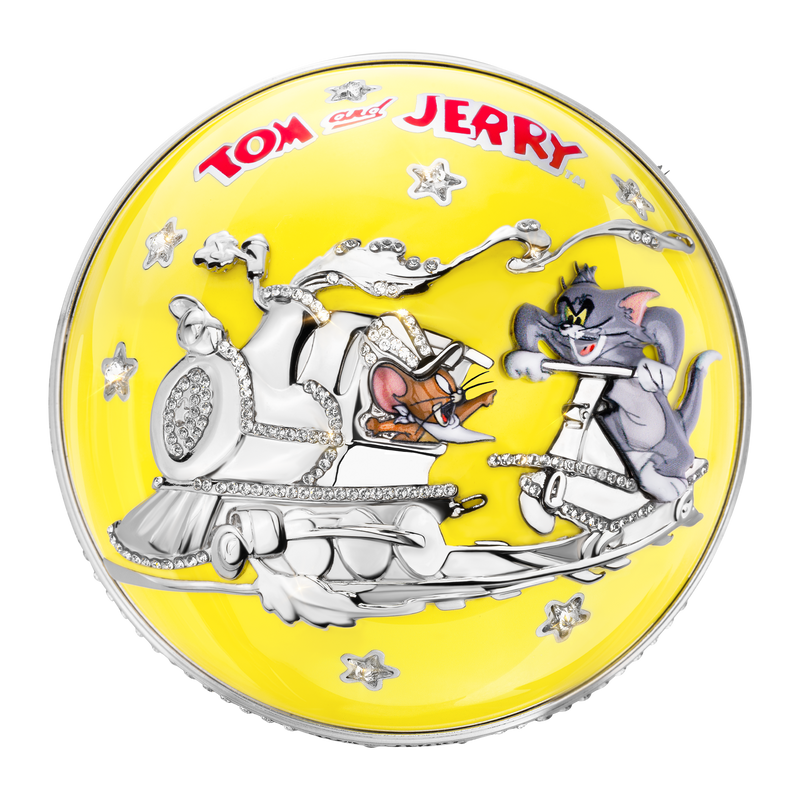 Cup of luxury fragrance  featuring Tom and Jerry characters on a yellow background