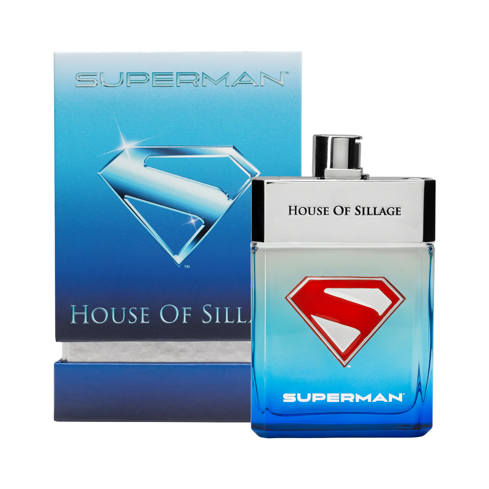 Superman perfume bottle and packaging by House of Sillage on a white background  with logo of Superman 