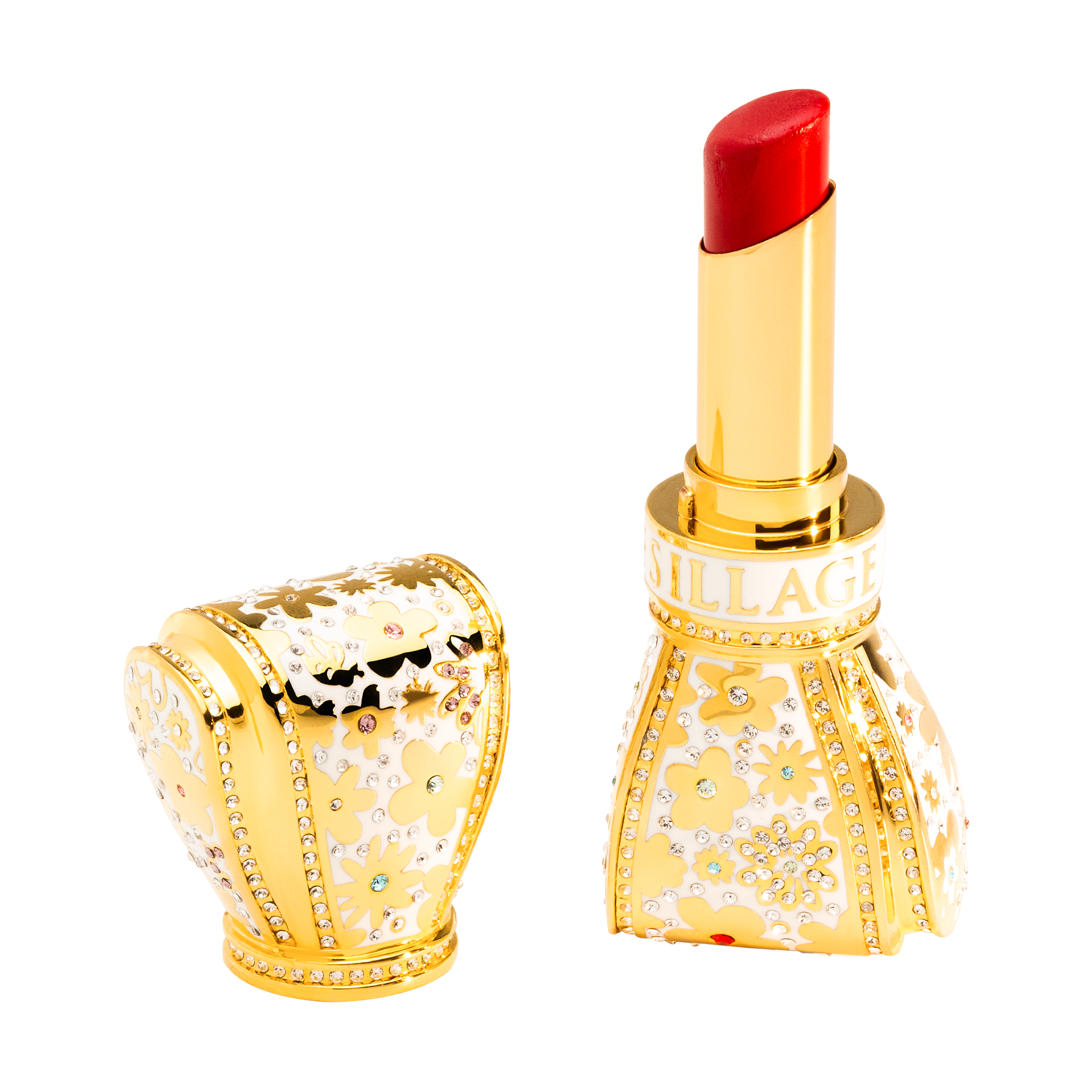 Luxurious red lipstick with gold casing featuring gemstones on a white background