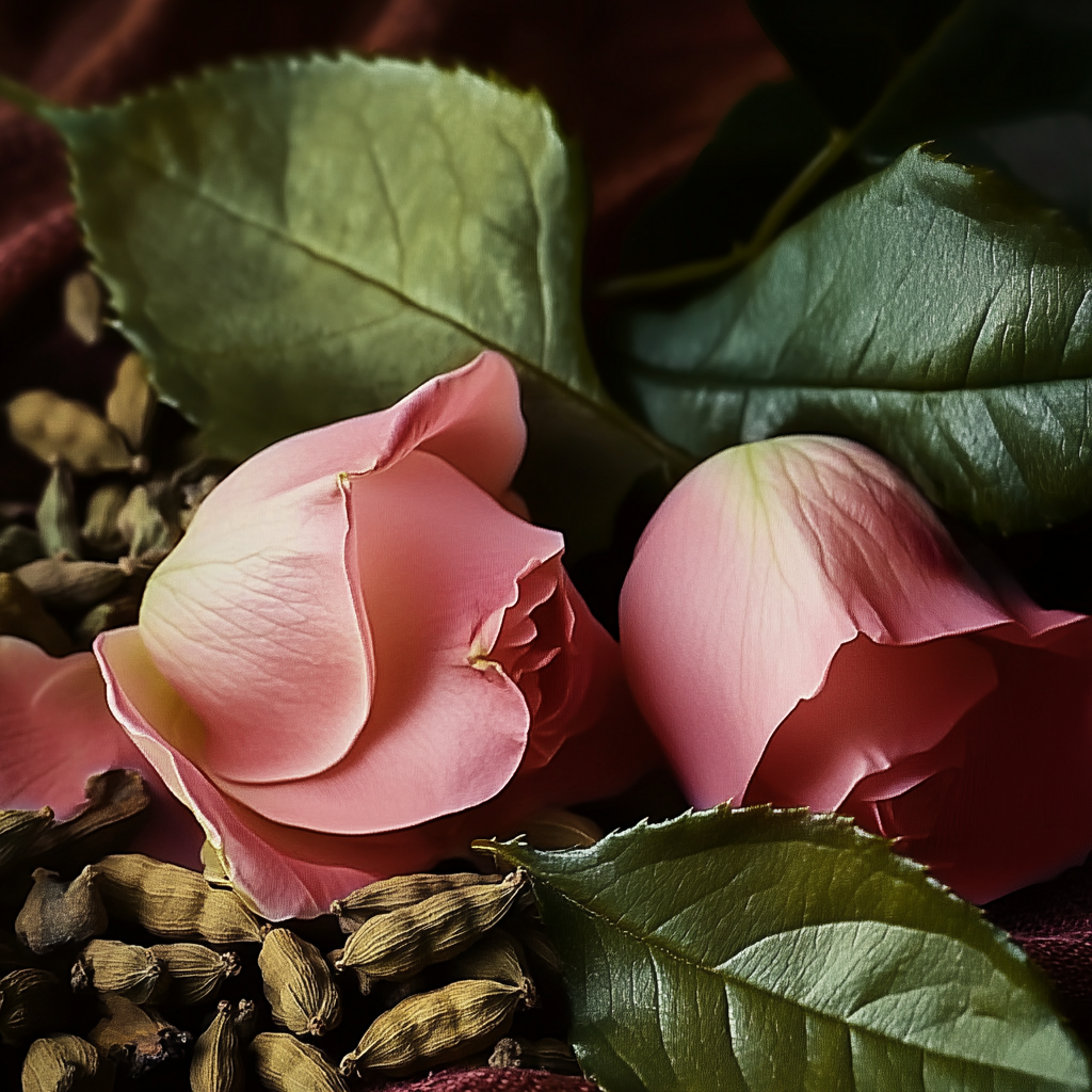 mix of cardamon and rose with leaves