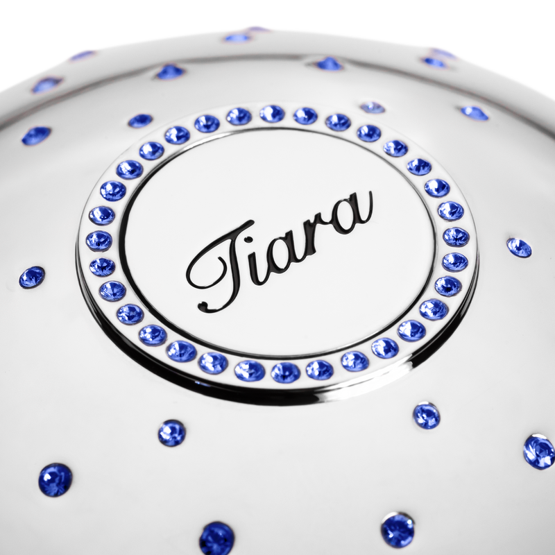 Silver  plated fragrance cup with blue Swarovski crystal on top and name of the luxury parfume Tiara 