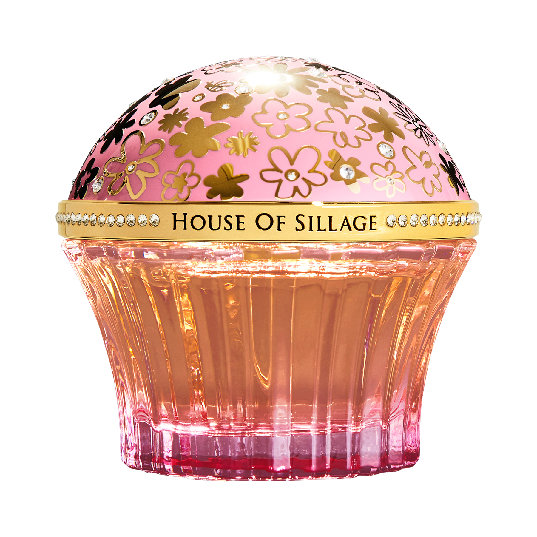Pink perfume spinning between blossoms of flowers Swarovski crystals and pink cup