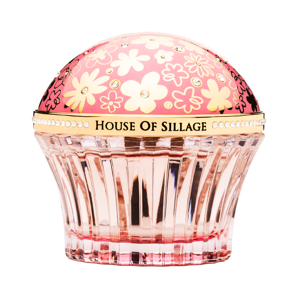 Pink perfume spinning between blossoms of flowers Swarovski crystals and pink cup