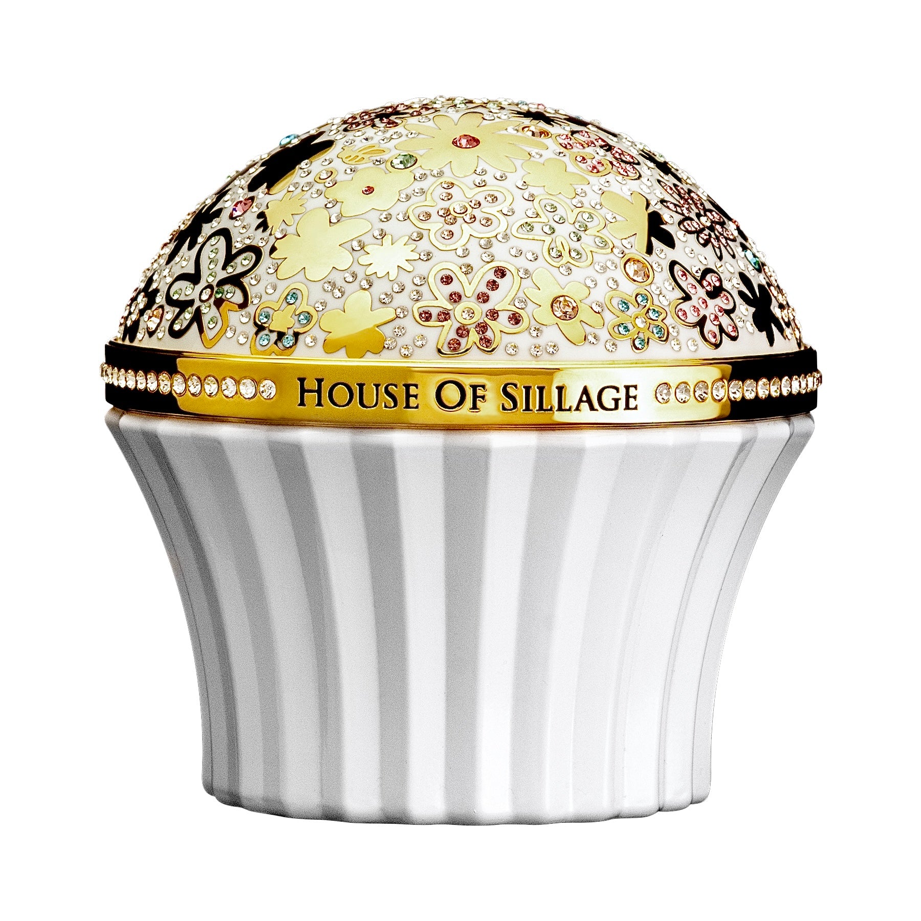 Elegant scent in beautiful white bottle with multicolored Swarovski crystal cup