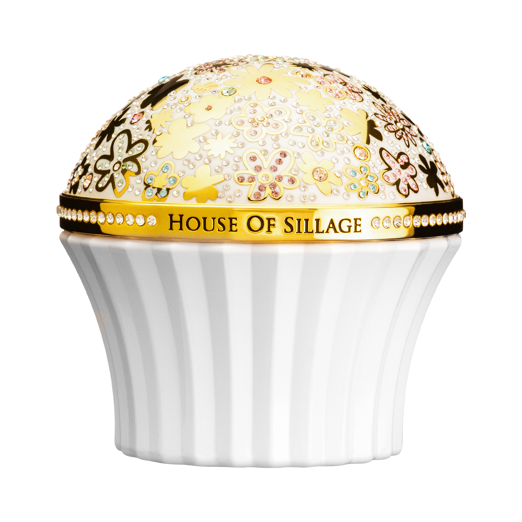 Elegant scent in beautiful white bottle with multicolored Swarovski crystal cup