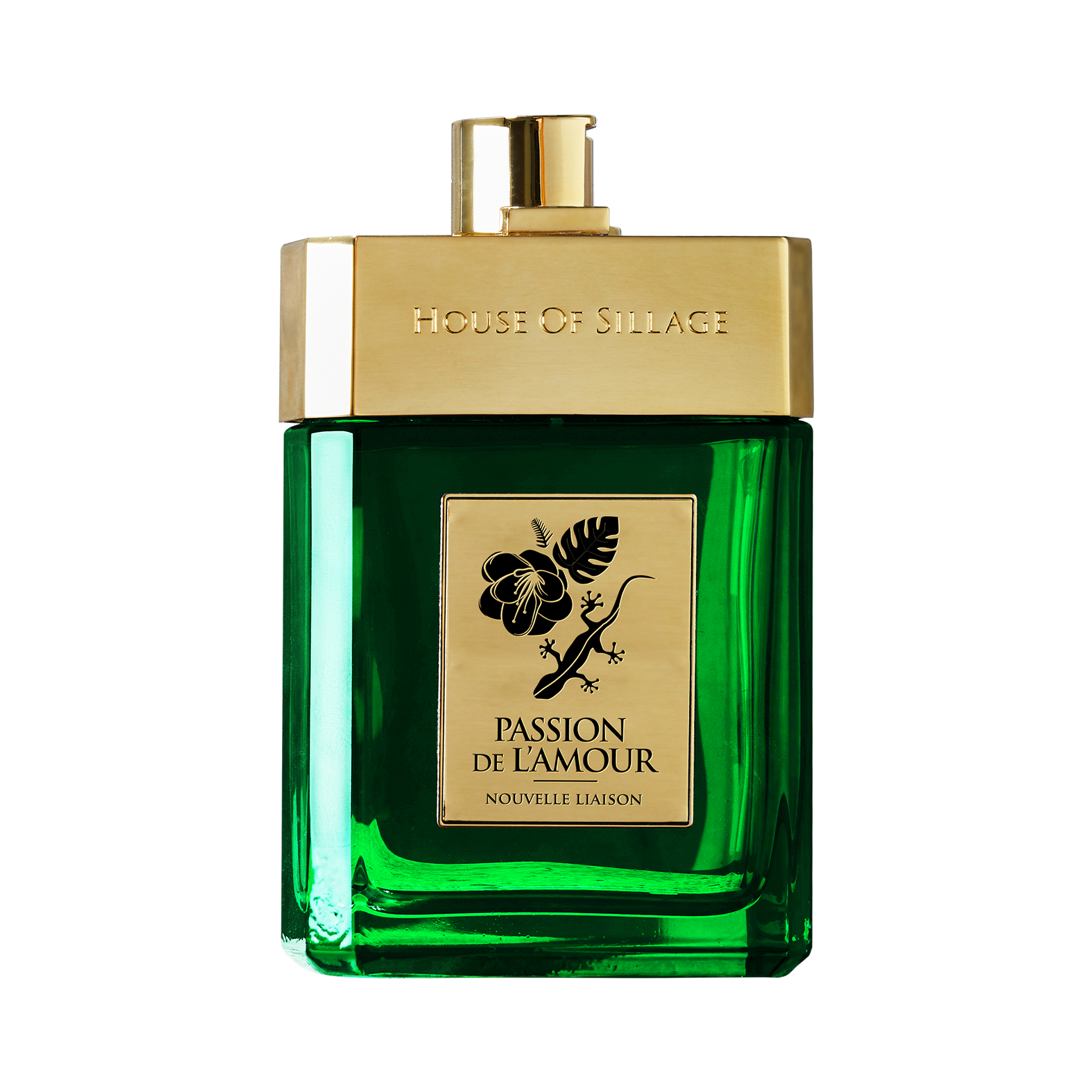 Luxury niche cologne in emerald green bottle and gold plated opening