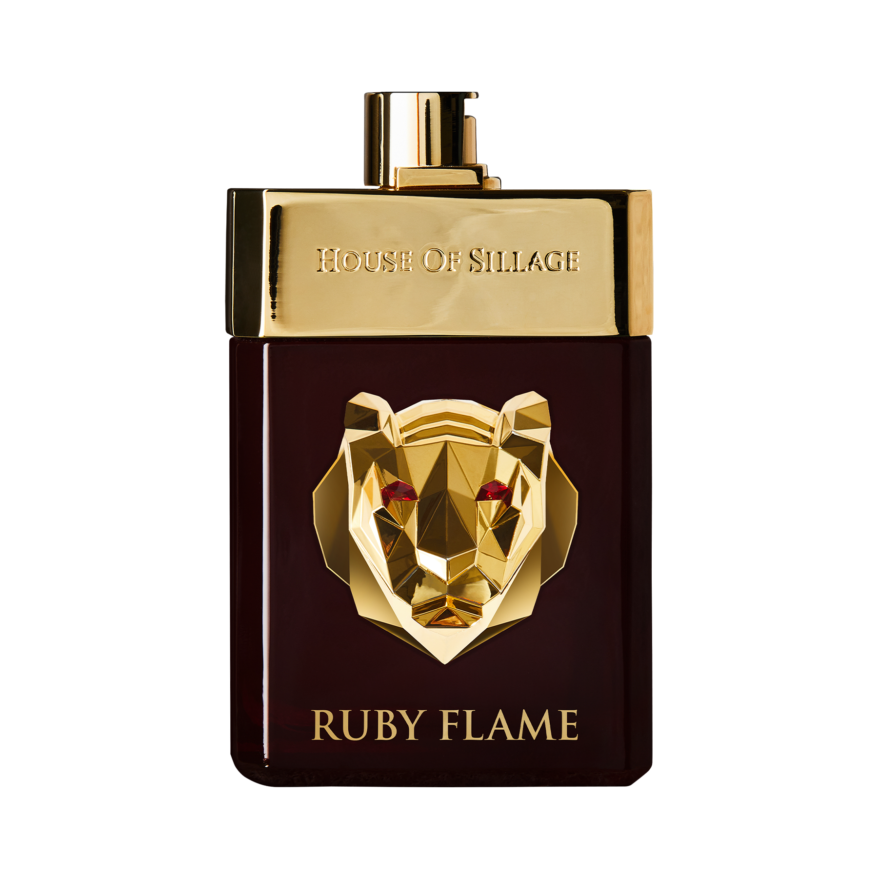 Warm and Spicy niche Fragrance in ruby bottle with gold platted top and Tiger As symbol 