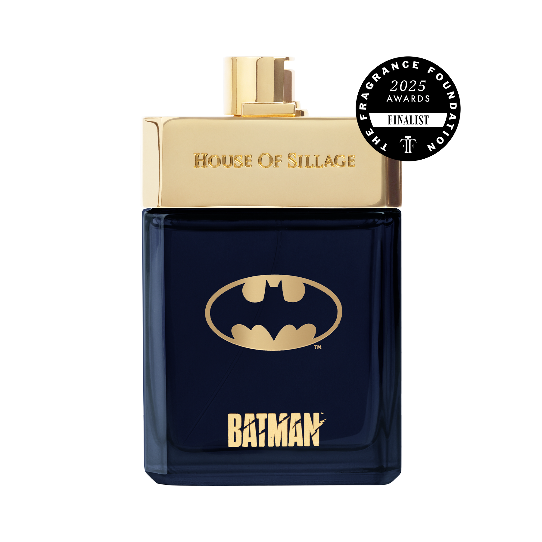 The Batman niche fragrance in bottle with batman logo and golden plated cap