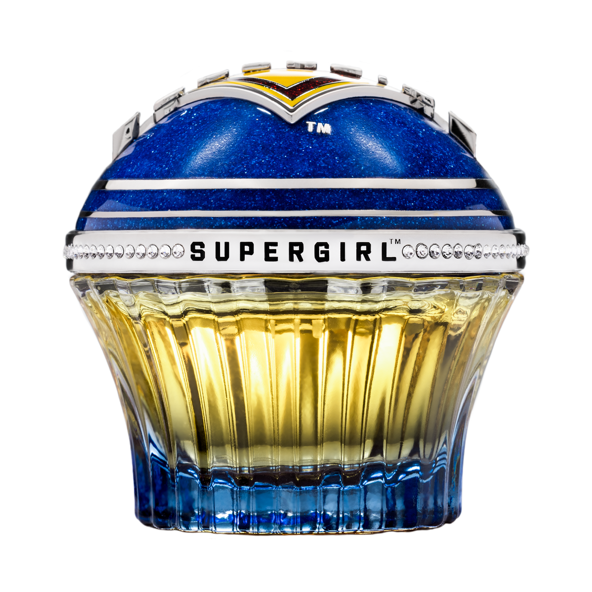 
House of Sillage Supergirl luxury perfume bottle rotating to reveal its sparkling blue cap, iconic Supergirl emblem, and crystal details, accompanied by a visual display of fragrance ingredients and aromatic notes.